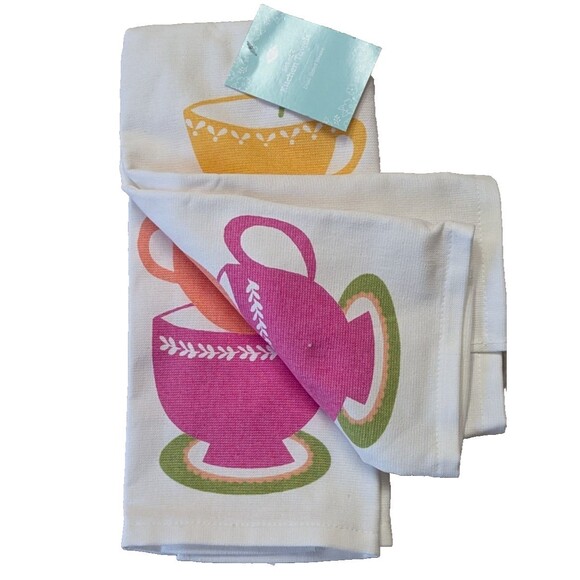 Ritz Joyful Tea Stack Kitchen Towels Pink Orange Yellow Teacups Cotton 2-Pc Gift - Picture 2 of 5